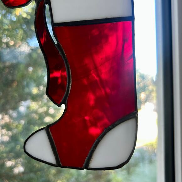 Vintage Stained Glass Christmas Stocking – 9” Iridescent Holiday Suncatcher - Picture 3 of 12